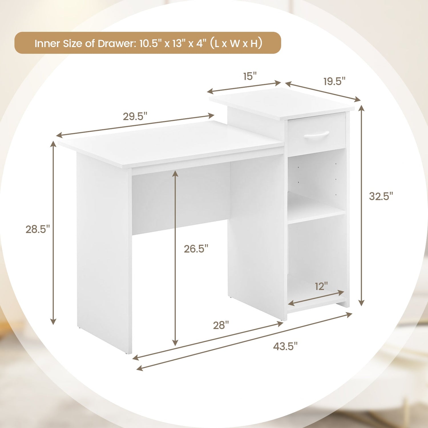 Escritorio de ordenador con cajón, escritorio moderno para PC portátil con estante ajustable y orificio para cables - Blanco