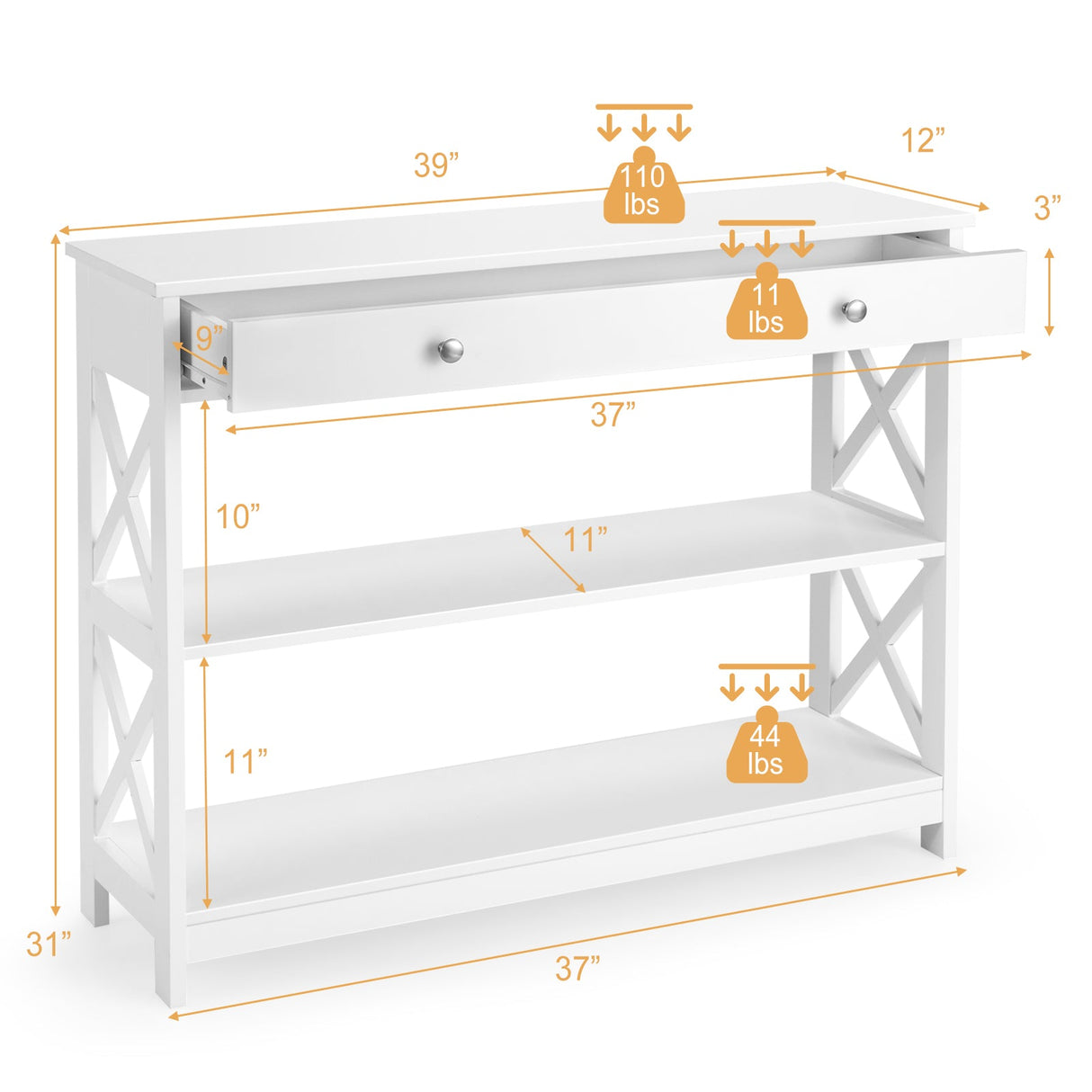 Console Table 3-Tier with Drawer and Storage Shelves
