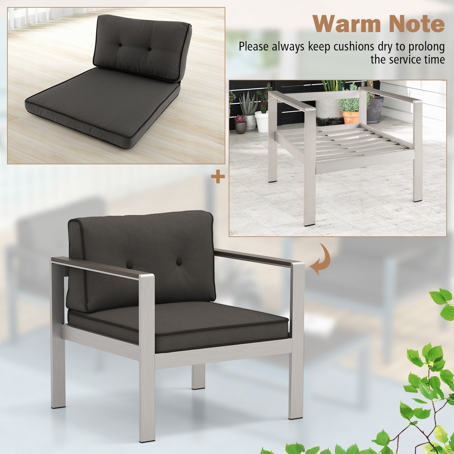 Sofá individual contemporáneo con reposabrazos de WPC y cojines de respaldo - Gris