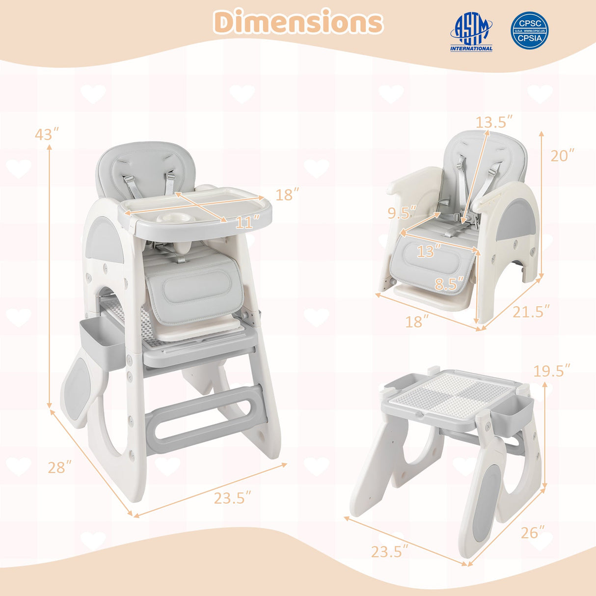 Trona convertible para bebé con bandeja de doble capa y respaldo ajustable