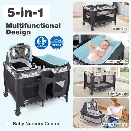 Cuna corral 4 en 1 convertible portátil para bebé con moisés para recién nacido, música y juguetes