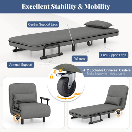Sofá cama convertible 3 en 1 con respaldo ajustable de 5 posiciones y cojín lumbar