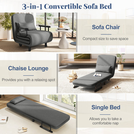 Sofá cama convertible 3 en 1 con respaldo ajustable de 5 posiciones y cojín lumbar