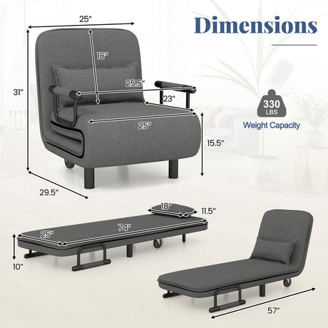 Sofá cama convertible 3 en 1 con respaldo ajustable de 5 posiciones y cojín lumbar