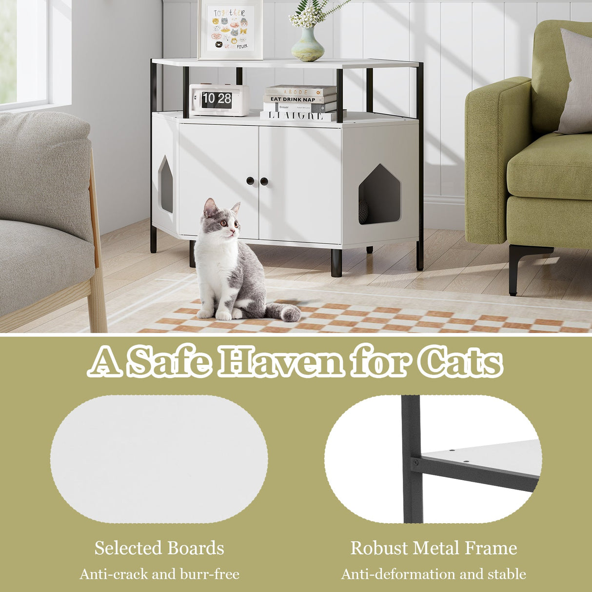 Arenero esquinero para gatos con estante abierto, 2 entradas y patas de metal