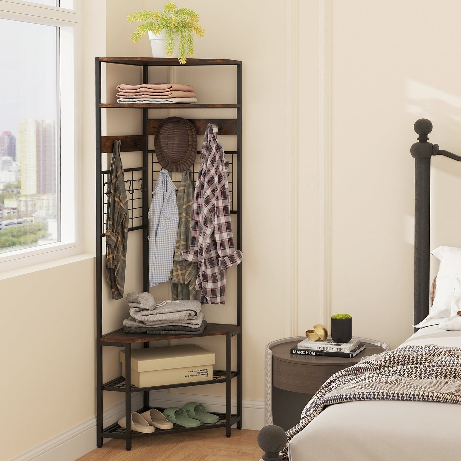 5-Tier Corner Hall Tree with Shoe Storage Bench