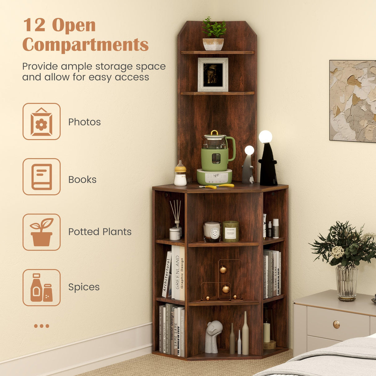 6-Tier Corner Shelf with Charging Station and 2 USB Ports