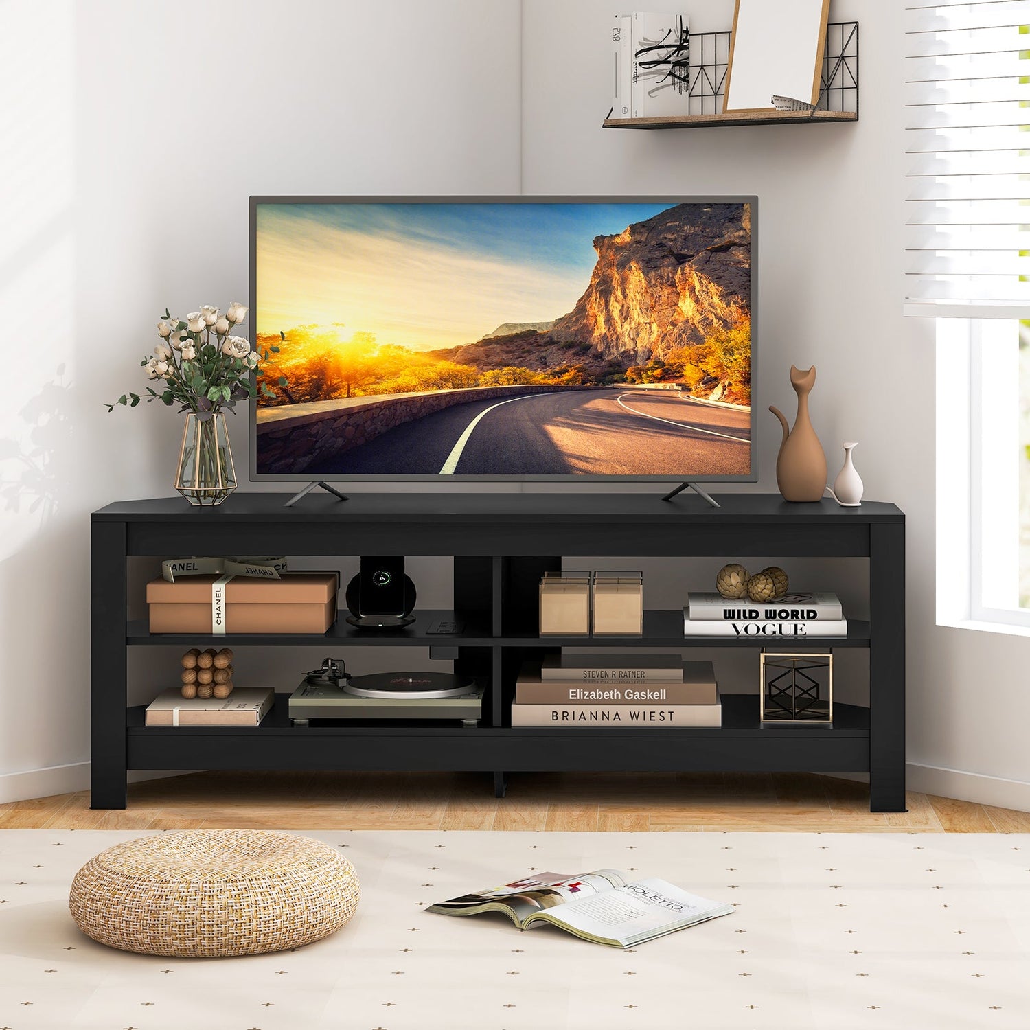 Corner TV Stand with Power Outlet and 4 Open Storage Shelves