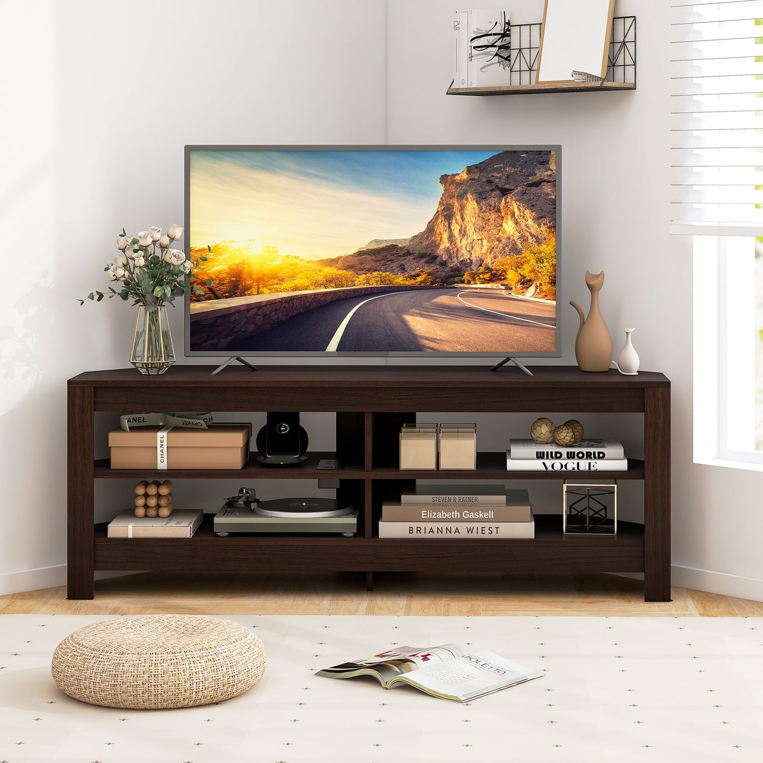 Corner TV Stand with Power Outlet and 4 Open Storage Shelves