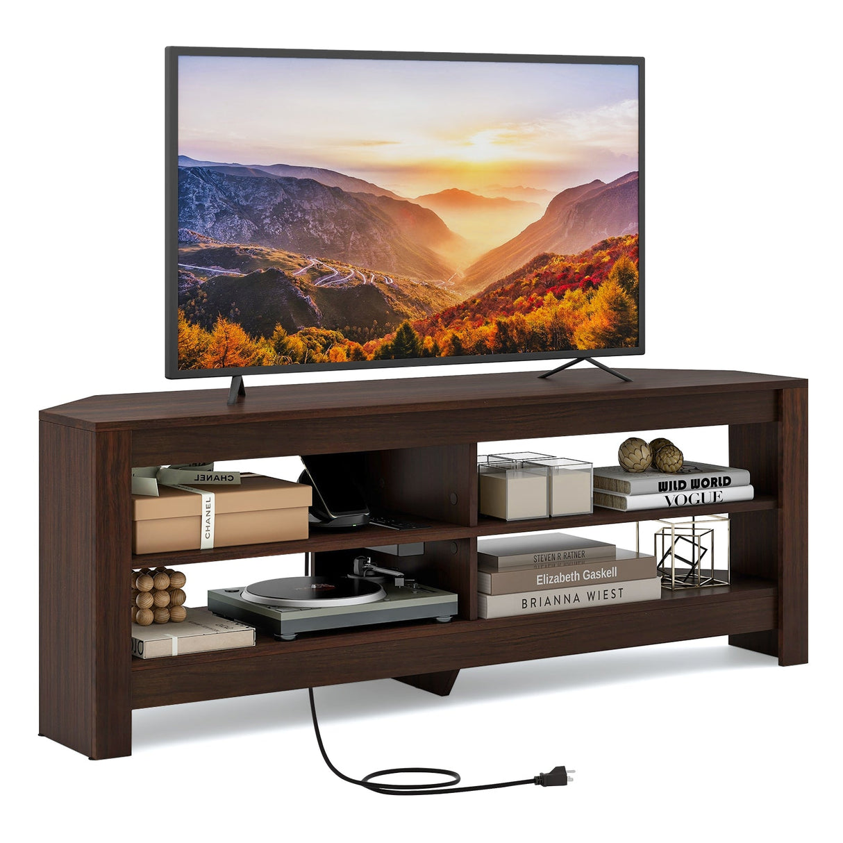 Corner TV Stand with Power Outlet and 4 Open Storage Shelves