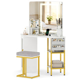 Mesa Esquinera para Tocador con Espejo y Luces, Mesa de Maquillaje con Triple Espejo - Blanca