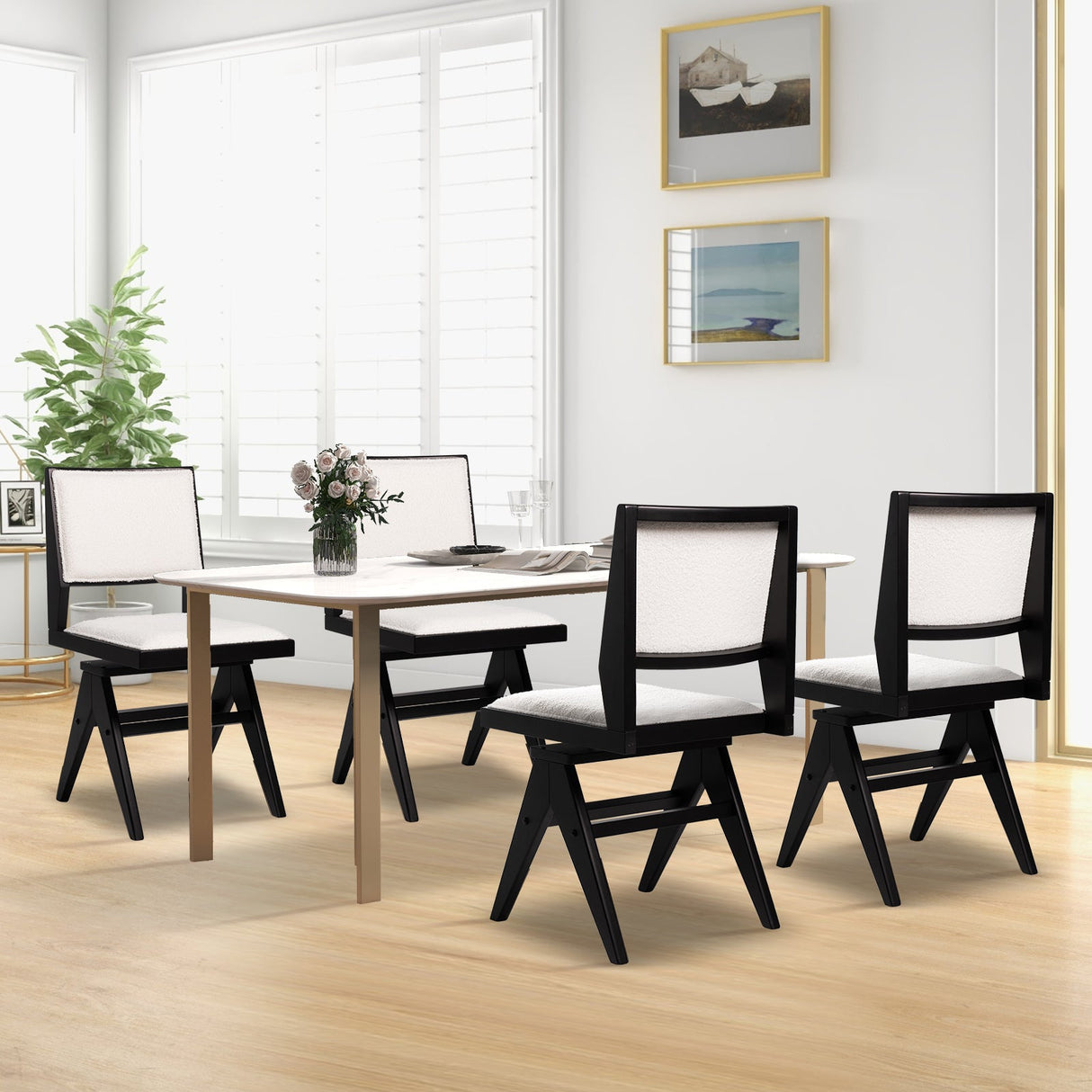 Juego de 2 sillas de comedor giratorias de madera con estructura de madera de caucho y asiento acolchado-Negro