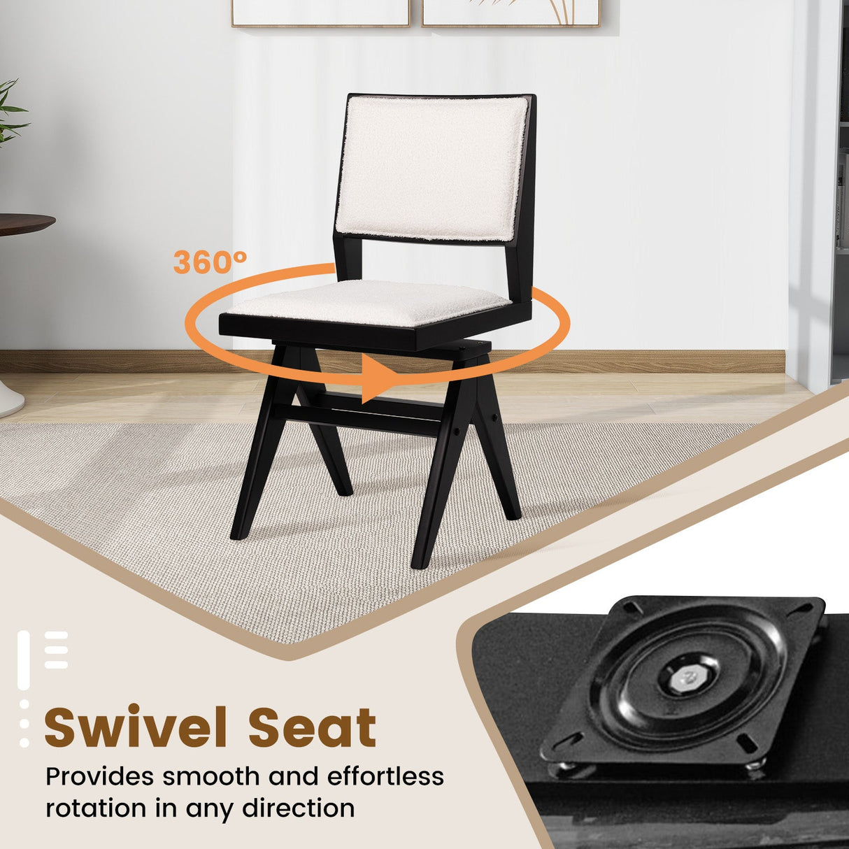Juego de 2 sillas de comedor giratorias de madera con estructura de madera de caucho y asiento acolchado-Negro