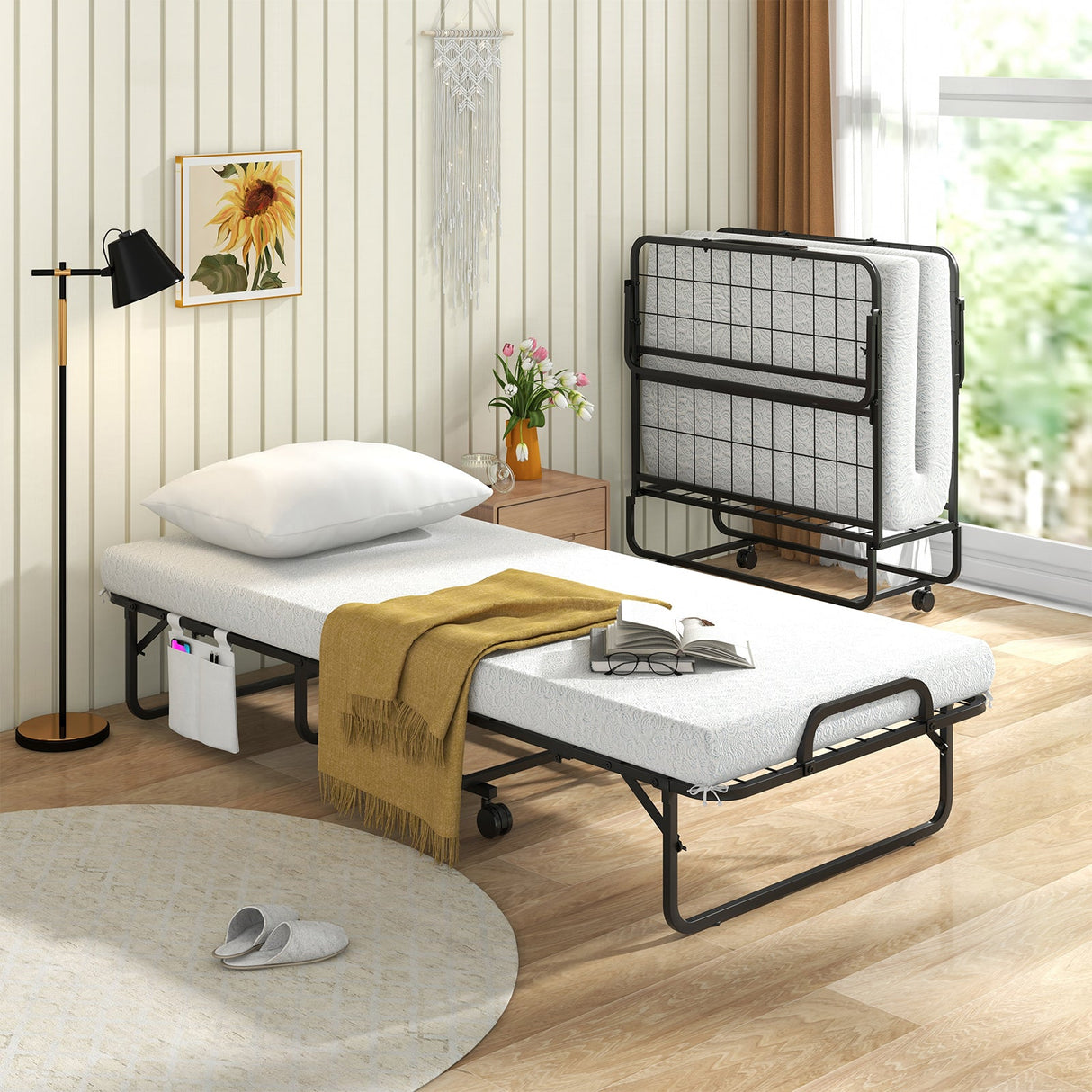 Cama enrollable individual estrecha que ahorra espacio con almohada y bolsillo organizador lateral