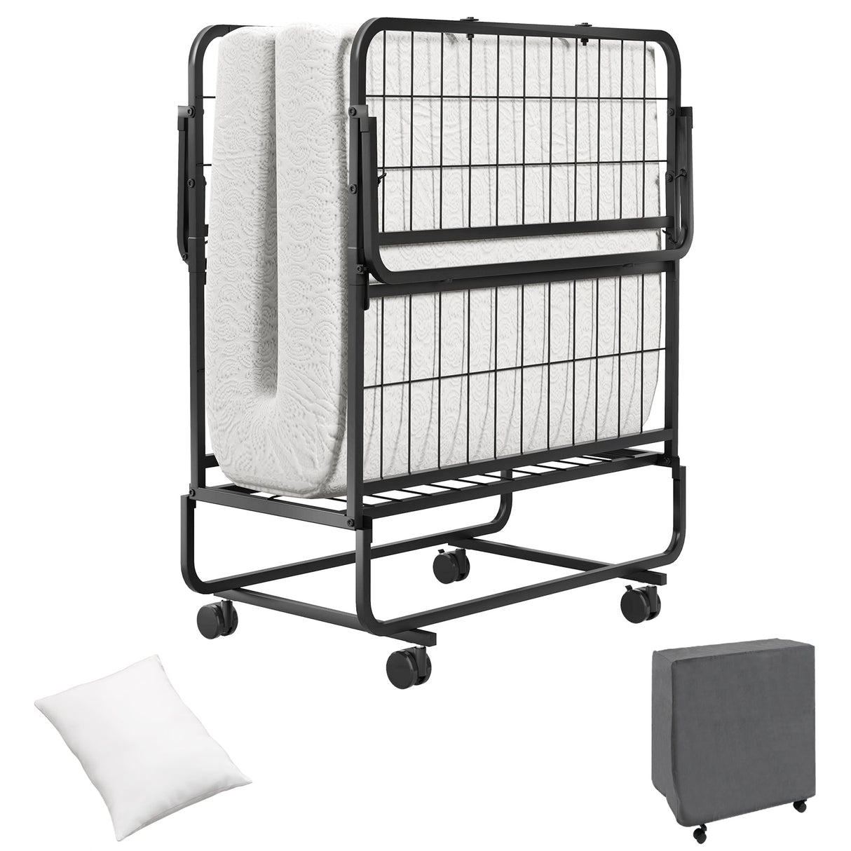 Cama enrollable individual estrecha que ahorra espacio con almohada y bolsillo organizador lateral