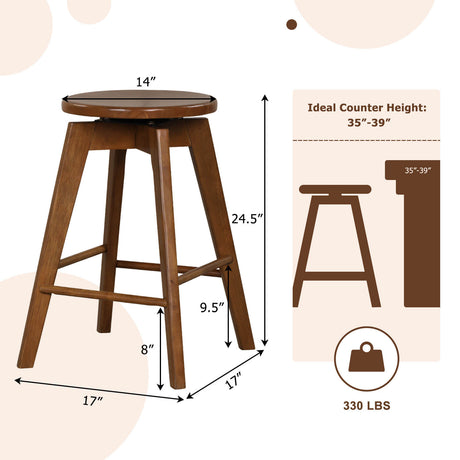 Juego de 2 taburetes de barra de 24.5 pulgadas de altura de mostrador con estructura de madera de caucho