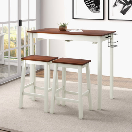 Juego de mesa de bar de 3 piezas con 2 botelleros y patas de madera-Blanco