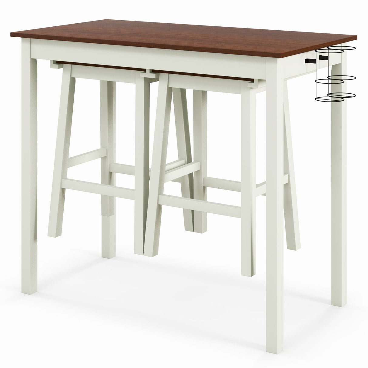 Juego de mesa de bar de 3 piezas con 2 botelleros y patas de madera-Blanco