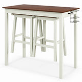 Juego de mesa de bar de 3 piezas con 2 botelleros y patas de madera-Blanco