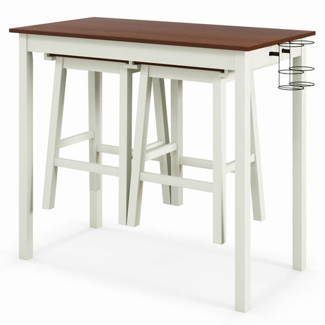 Juego de mesa de bar de 3 piezas con 2 botelleros y patas de madera-Blanco