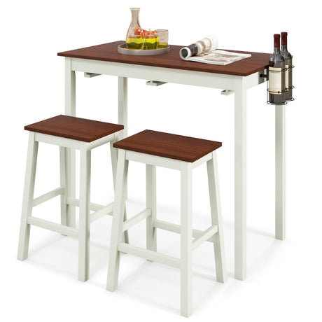 Juego de mesa de bar de 3 piezas con 2 botelleros y patas de madera-Blanco