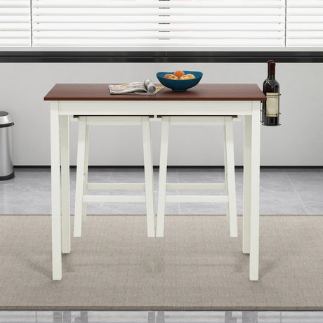 Juego de mesa de bar de 3 piezas con 2 botelleros y patas de madera-Blanco