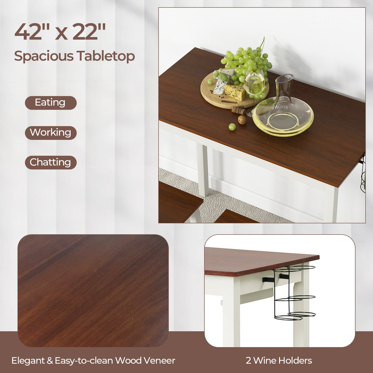 Juego de mesa de bar de 3 piezas con 2 botelleros y patas de madera-Blanco