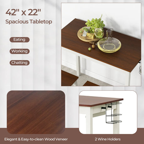 Juego de mesa de bar de 3 piezas con 2 botelleros y patas de madera-Blanco