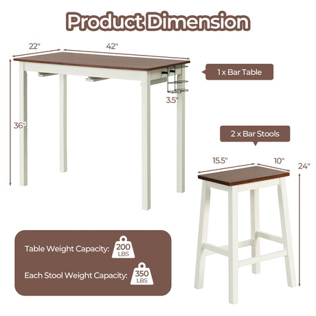 Juego de mesa de bar de 3 piezas con 2 botelleros y patas de madera-Blanco