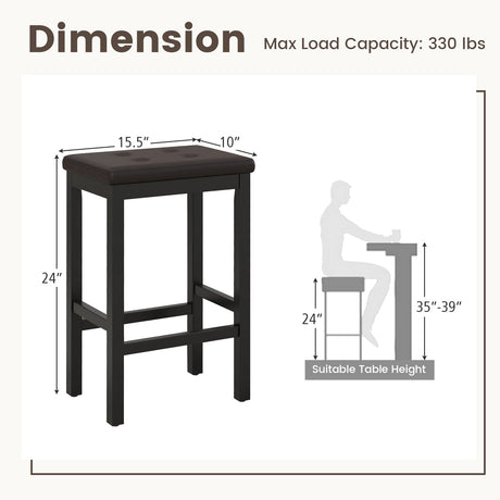 Taburetes de bar de 24 pulgadas con asiento acolchado, reposapiés y estructura de madera de caucho