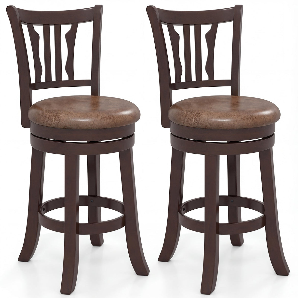 Juego de 2 taburetes de bar giratorios de altura de encimera con respaldo y estructura de madera de caucho maciza