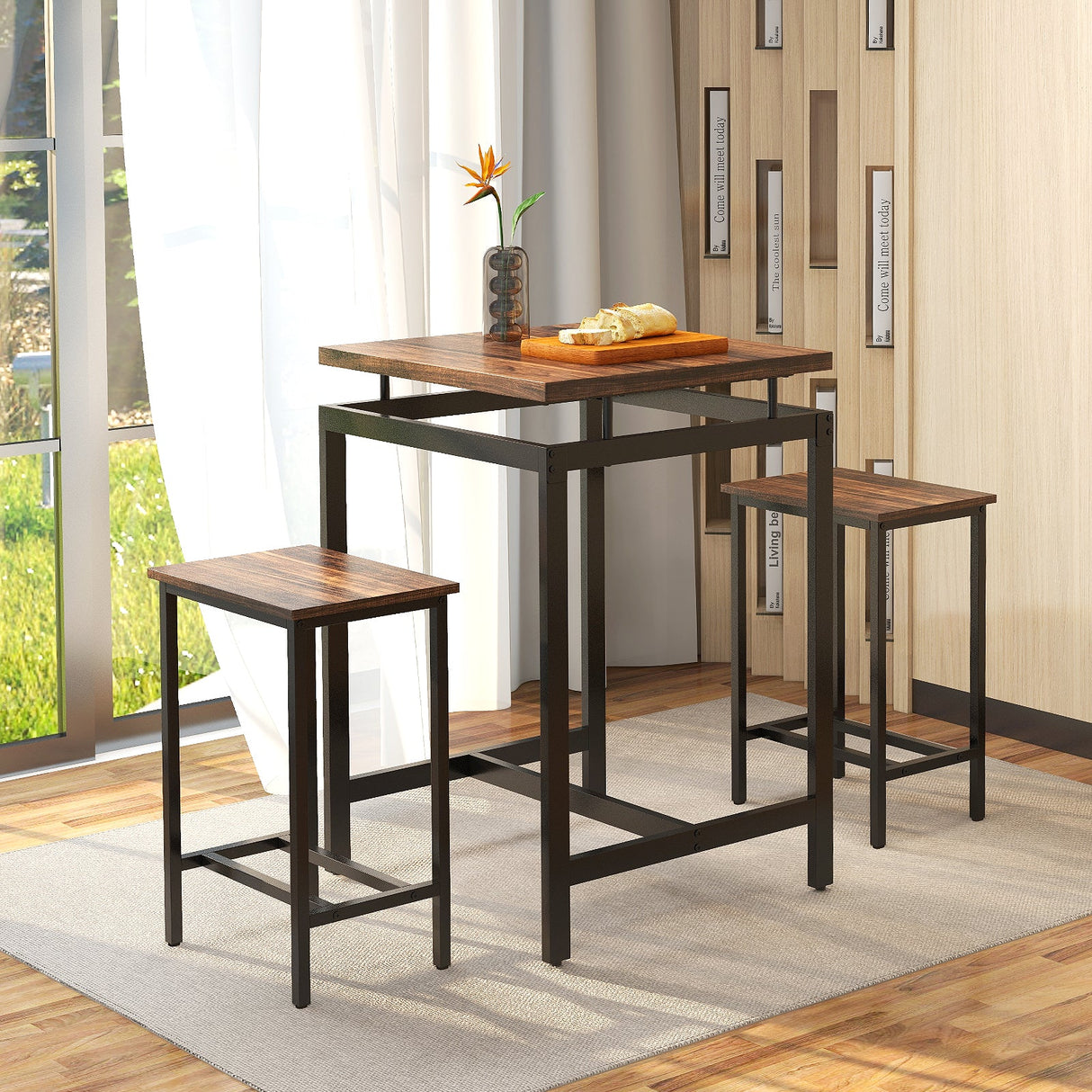 Juego de comedor de 3 piezas con mesa de altura de pub con superficie flotante y reposapiés - Marrón rústico
