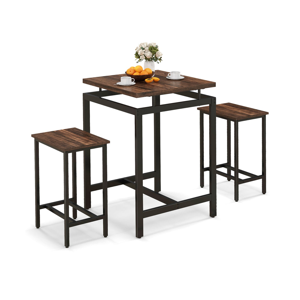 Juego de comedor de 3 piezas con mesa de altura de pub con superficie flotante y reposapiés - Marrón rústico