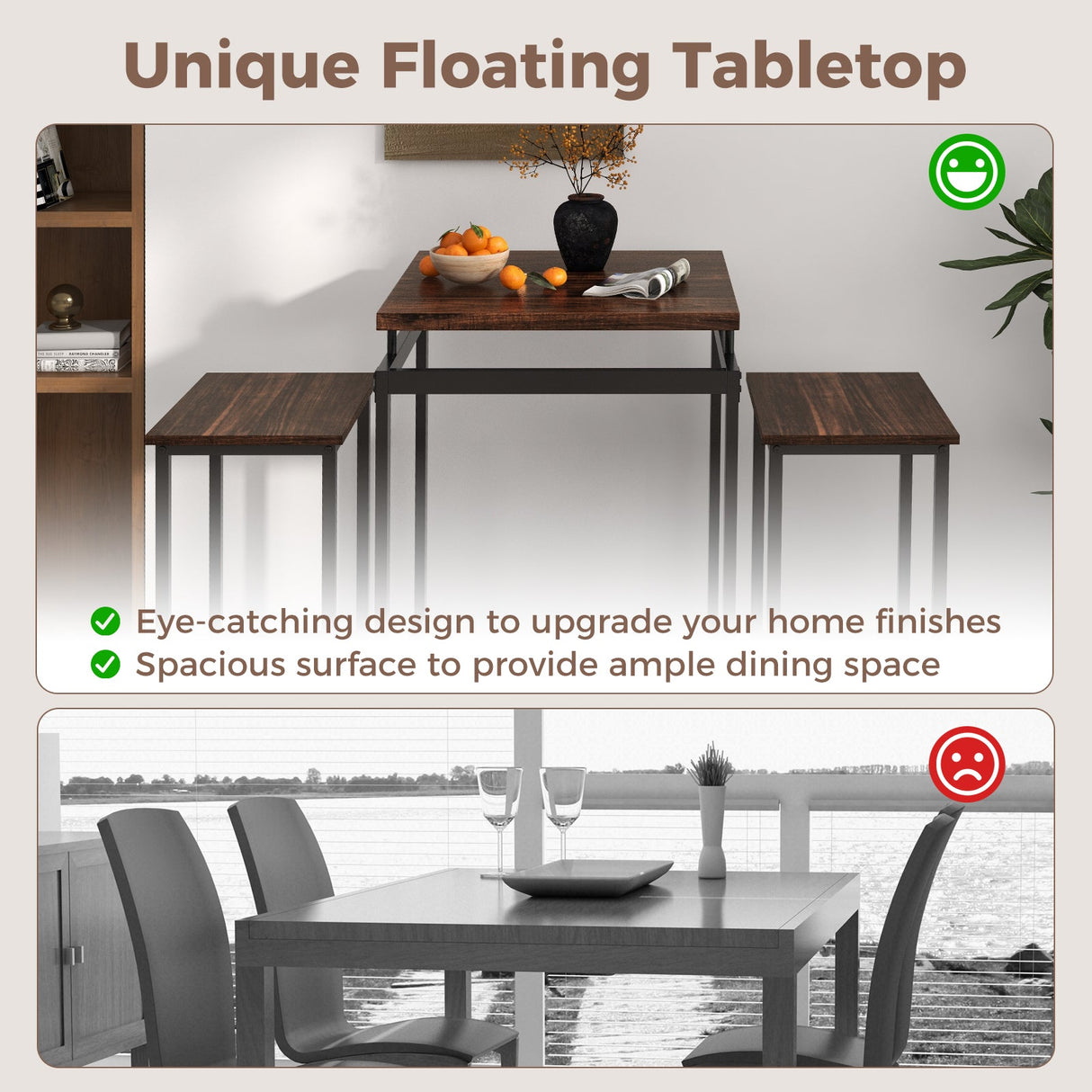 Juego de comedor de 3 piezas con mesa de altura de pub con superficie flotante y reposapiés - Marrón rústico