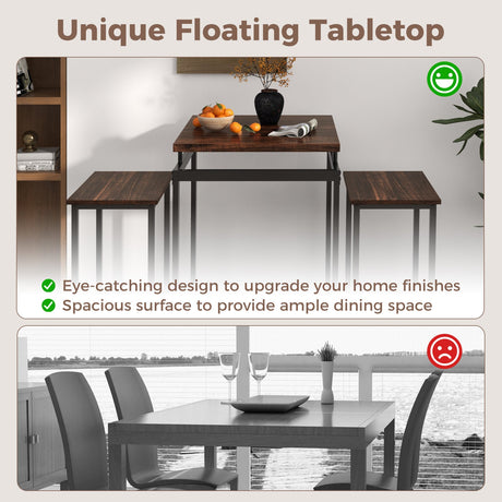 Juego de comedor de 3 piezas con mesa de altura de pub con superficie flotante y reposapiés - Marrón rústico