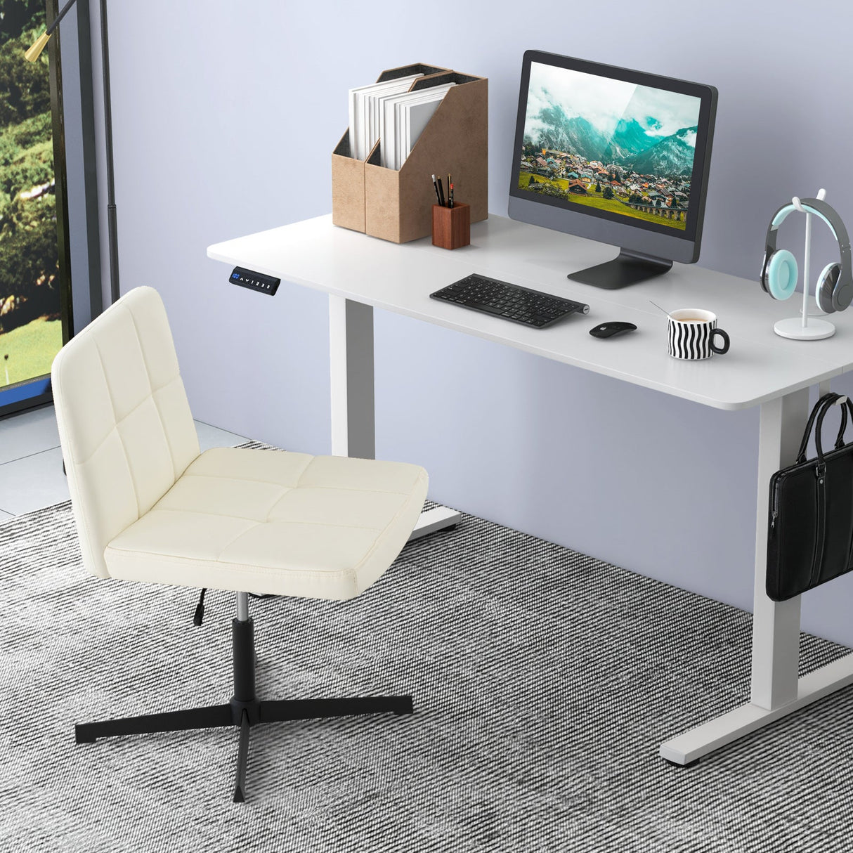 Silla de oficina tapizada en cuero sintético con patas cruzadas y asiento en forma de U de gran tamaño para oficina en casa/maquillaje