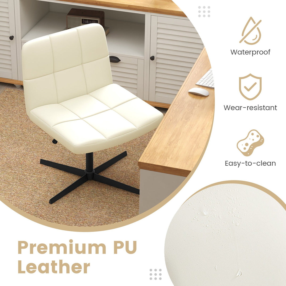 Silla de oficina tapizada en cuero sintético con patas cruzadas y asiento en forma de U de gran tamaño para oficina en casa/maquillaje