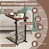 C-shape Sofa Side Table with Storage Basket-Rustic Brown