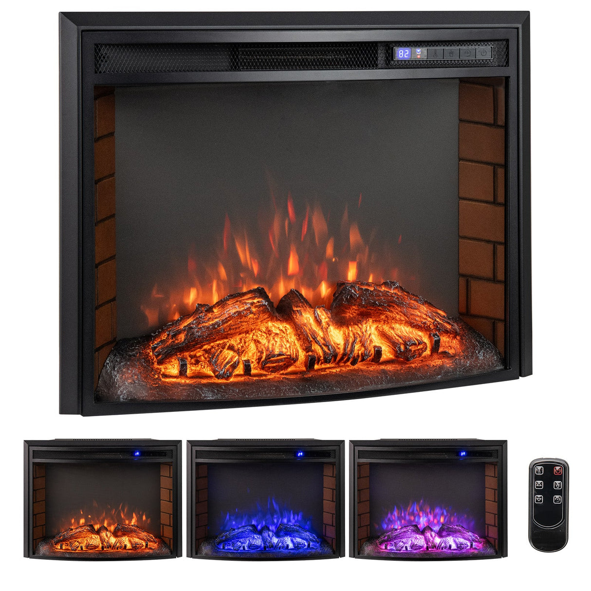 Inserto de chimenea eléctrica empotrada curva con control remoto y protección contra sobrecalentamiento - 26 pulgadas