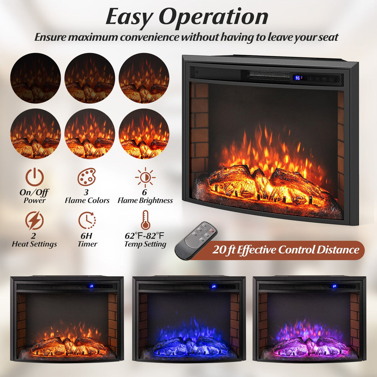 Inserto de chimenea eléctrica empotrada curva con control remoto y protección contra sobrecalentamiento - 26 pulgadas