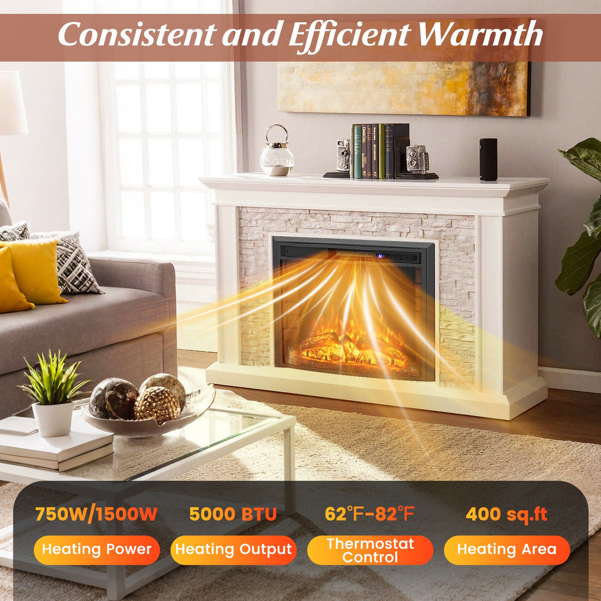 Inserto de chimenea eléctrica empotrada curva con control remoto y protección contra sobrecalentamiento - 26 pulgadas