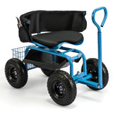 Cushioned Rolling Garden Cart Scooter with Storage Basket and Tool Pouch
