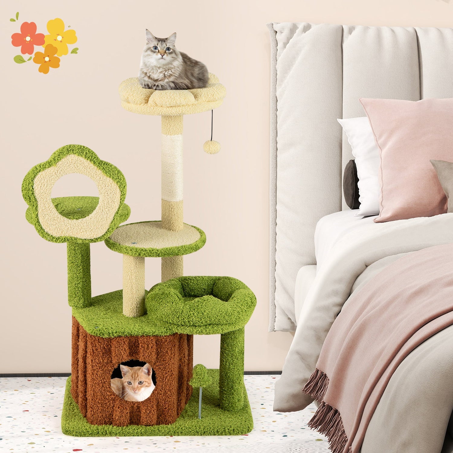 Lindo árbol para gatos adultos: torre multinivel para gatitos con condominio en el tronco - Verde