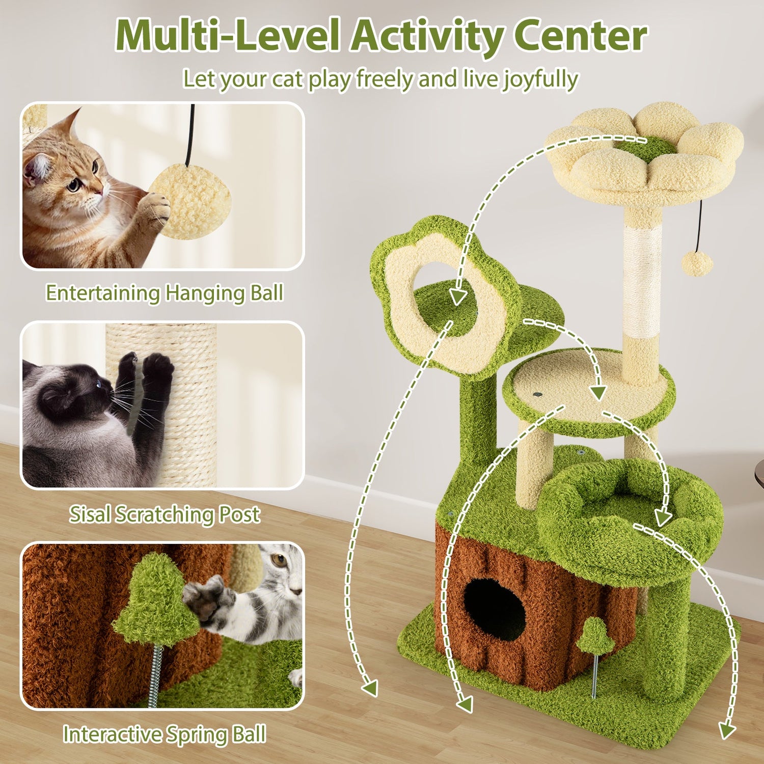 Lindo árbol para gatos adultos: torre multinivel para gatitos con condominio en el tronco - Verde