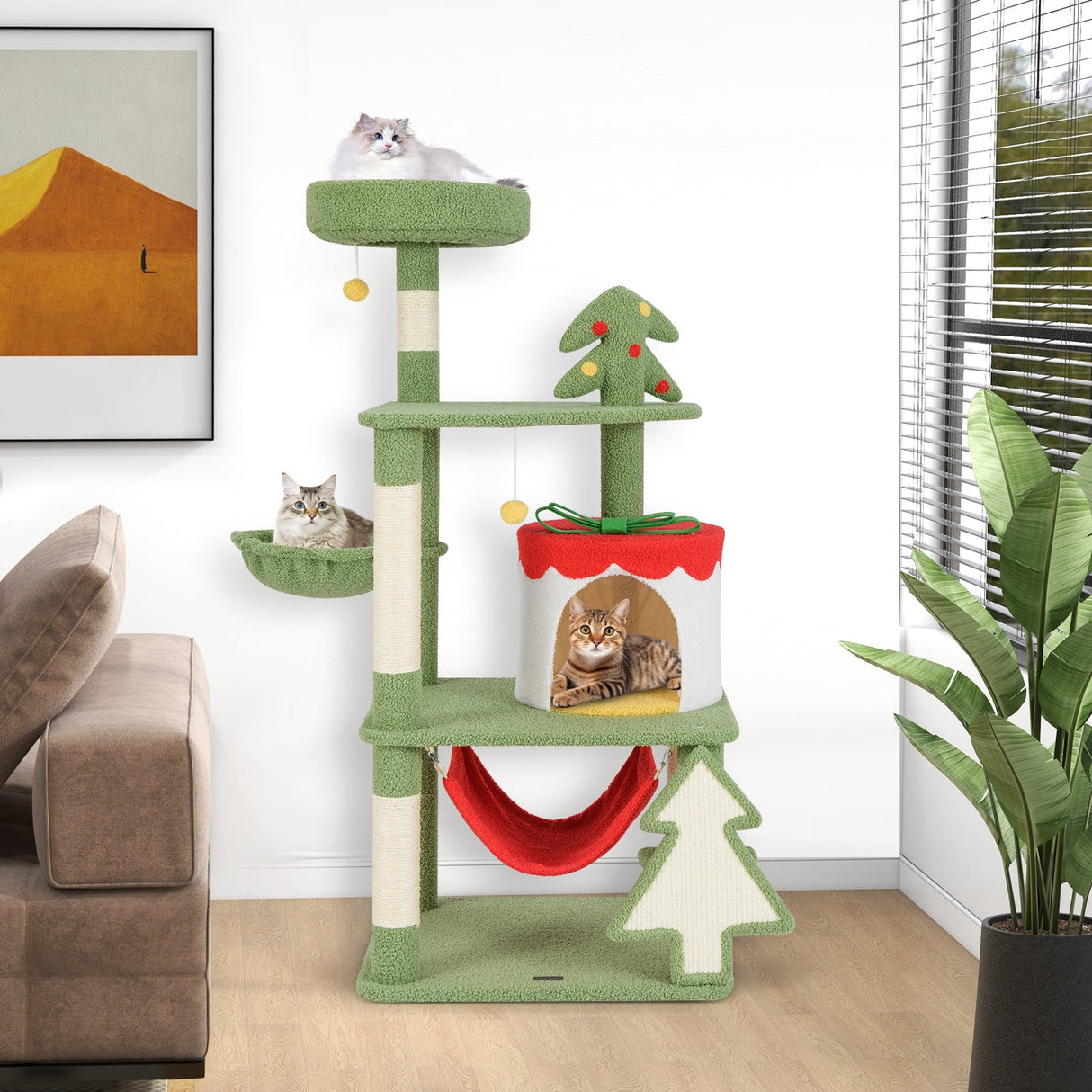 Lindo árbol de Navidad para gatos con postes rascadores de sisal y condominio con forma de caja de regalo - Verde