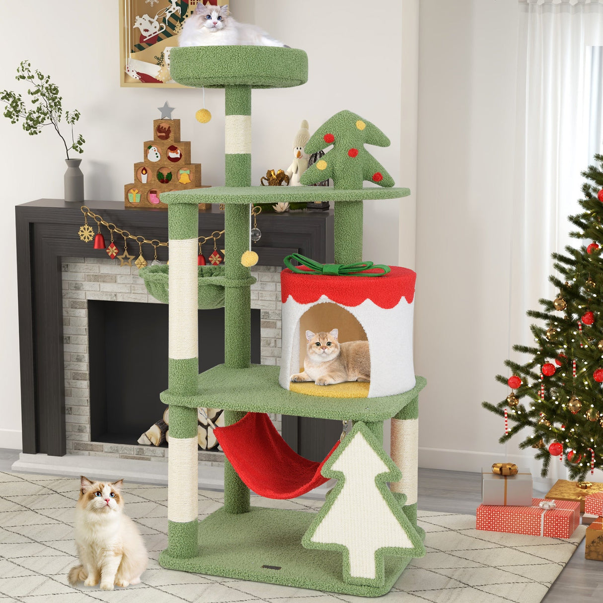 Lindo árbol de Navidad para gatos con postes rascadores de sisal y condominio con forma de caja de regalo - Verde