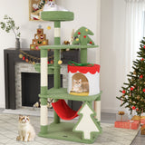 Lindo árbol de Navidad para gatos con postes rascadores de sisal y condominio con forma de caja de regalo - Verde
