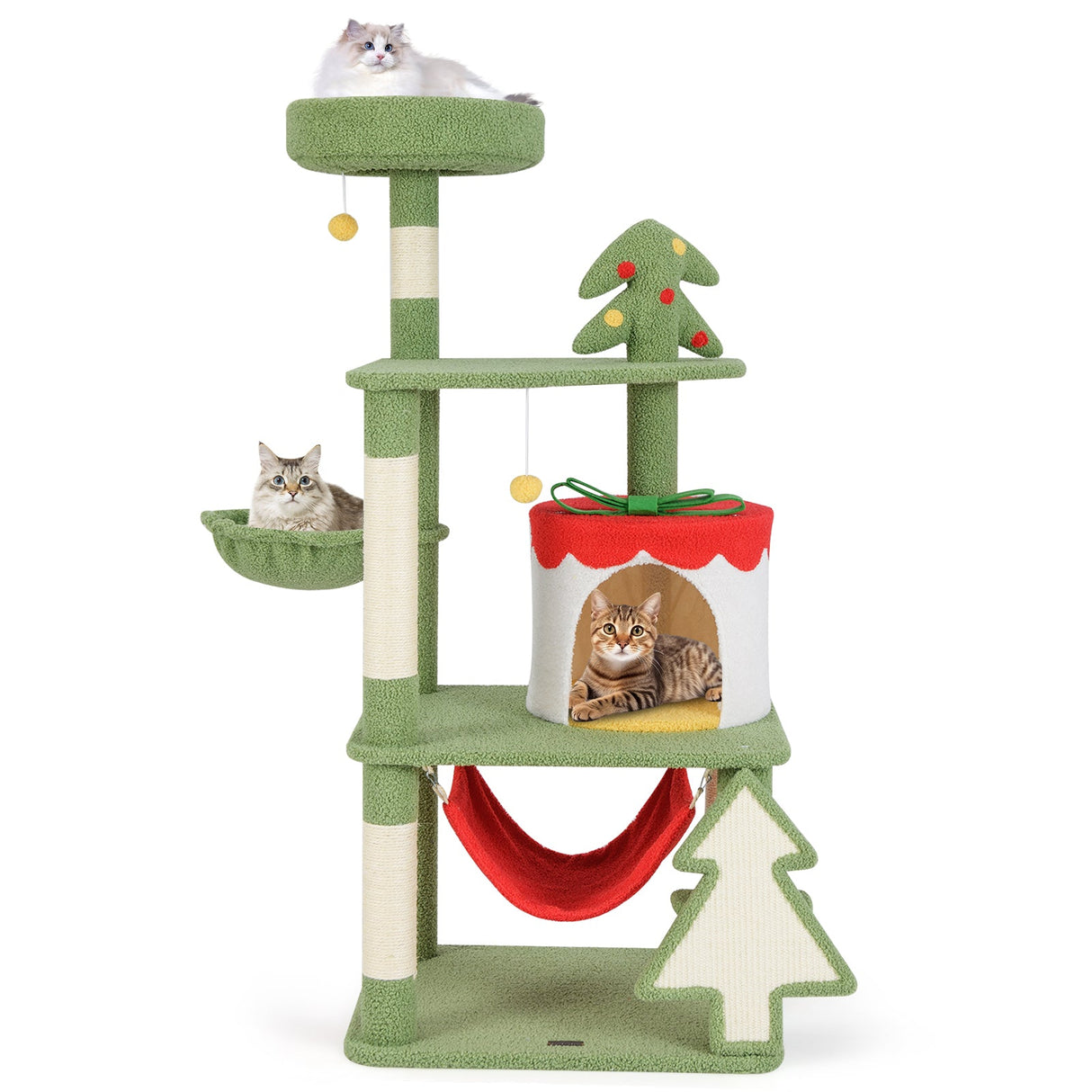 Lindo árbol de Navidad para gatos con postes rascadores de sisal y condominio con forma de caja de regalo - Verde