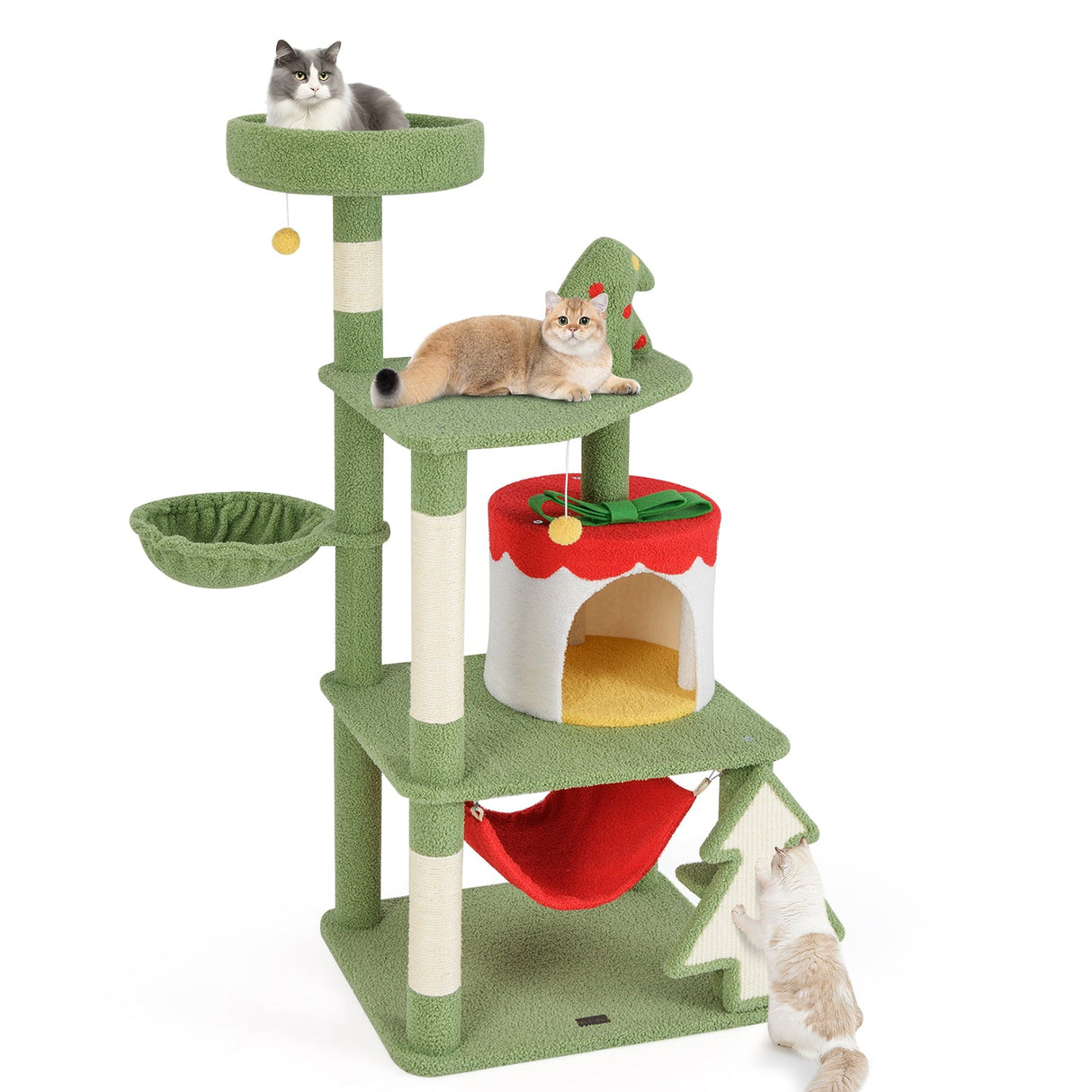 Lindo árbol de Navidad para gatos con postes rascadores de sisal y condominio con forma de caja de regalo - Verde