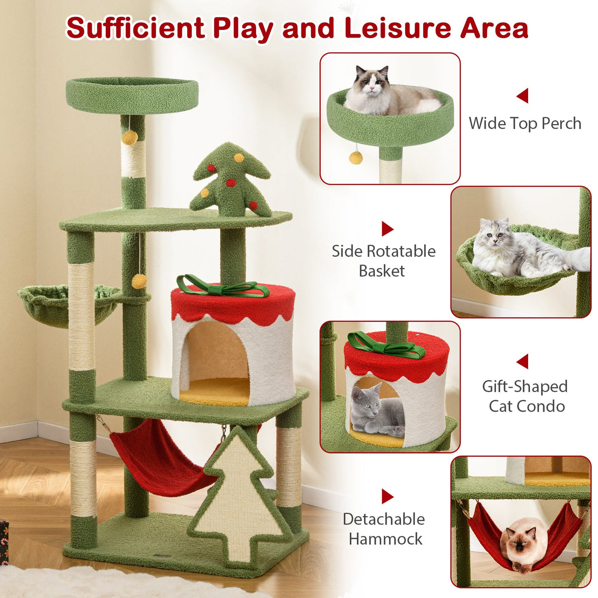 Lindo árbol de Navidad para gatos con postes rascadores de sisal y condominio con forma de caja de regalo - Verde